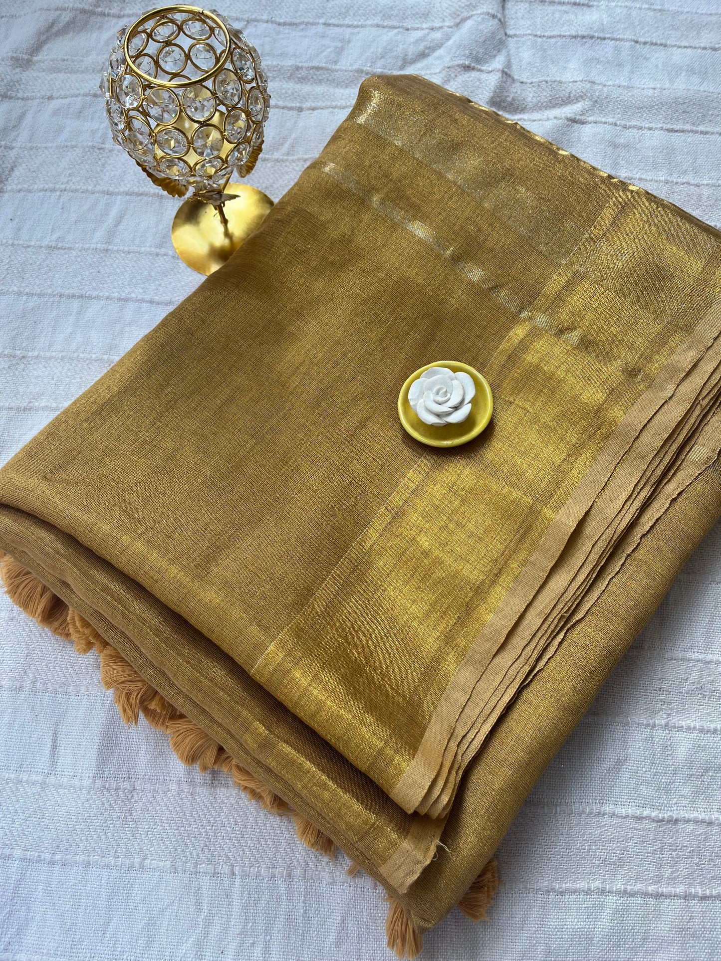 Tissue Linen Saree with Tassels - Gold