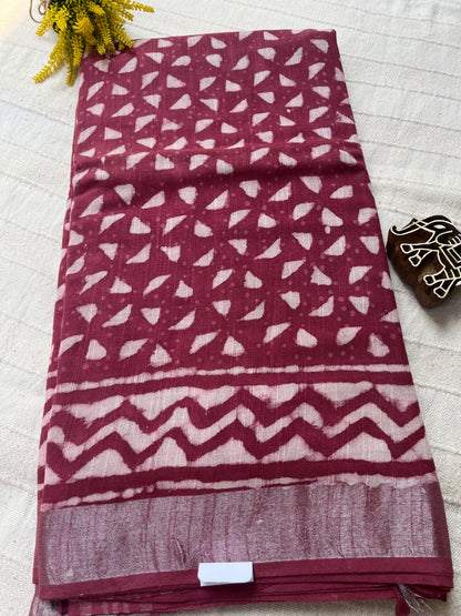 Handblock Linen Cotton Saree - Beatroot Pink