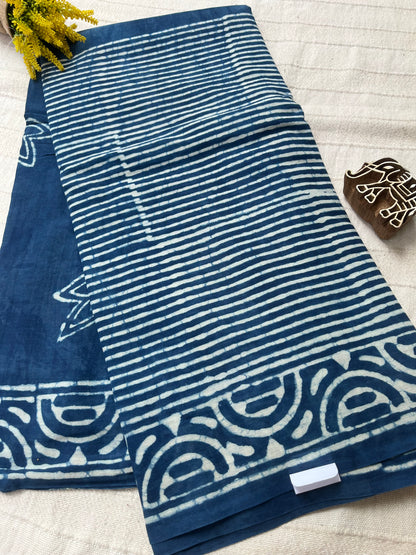 Indigo Handblock Mul Mul Saree with Stripes