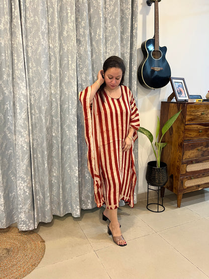 Ajrakh Modal Silk Kaftan - Red Stripes