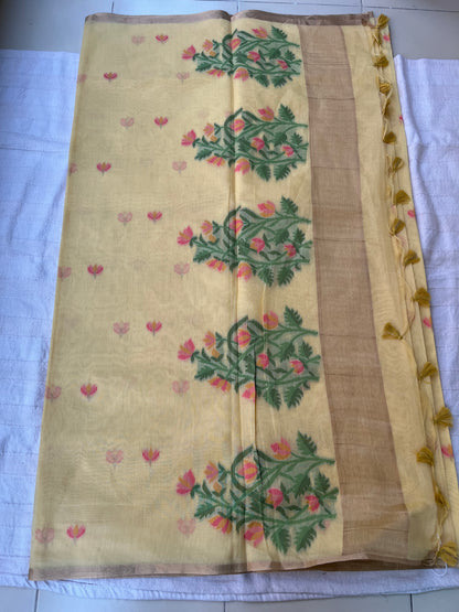 Chanderi Cotton Jamdani Saree - Lemon Yellow Lotus Motifs