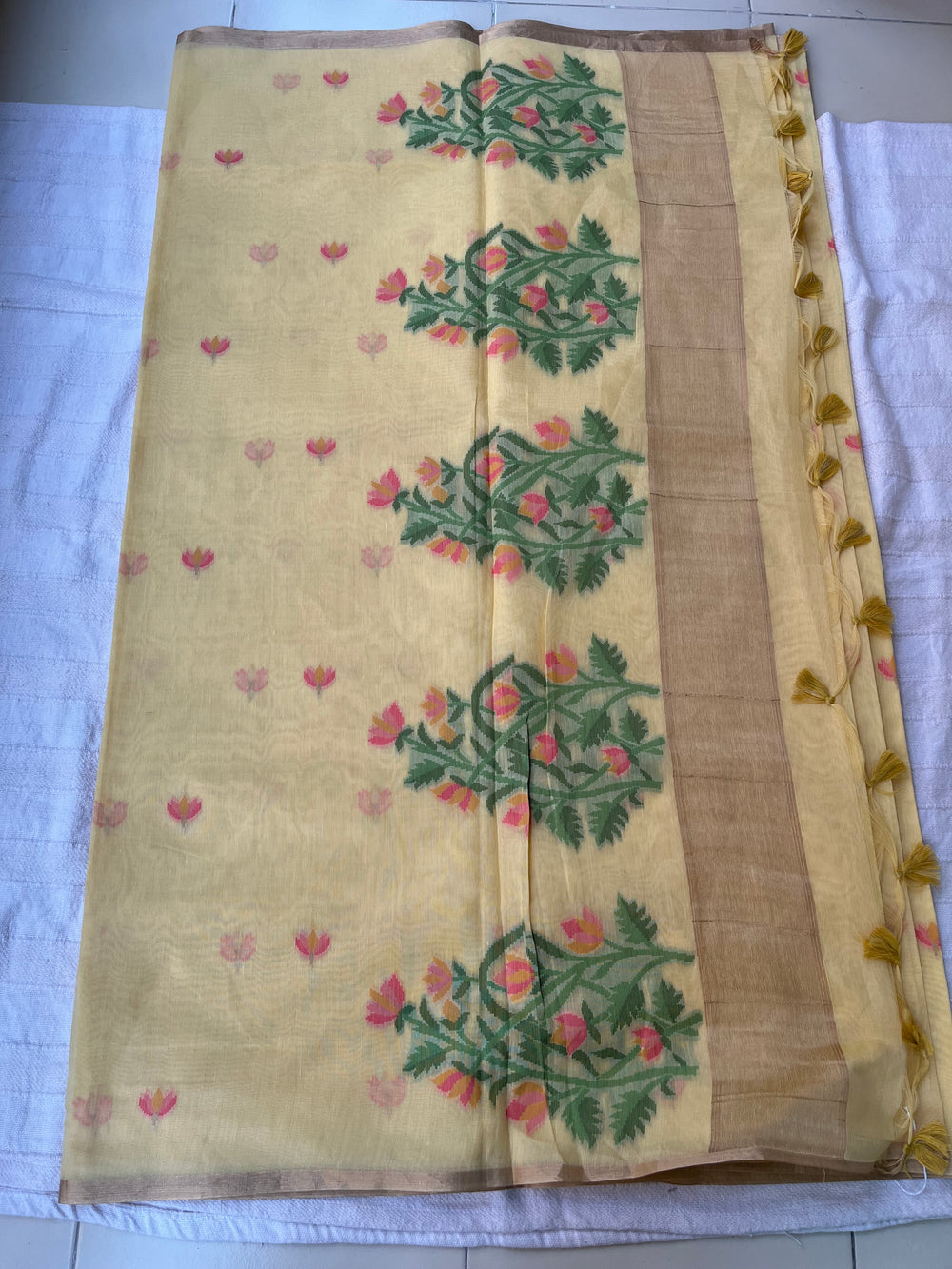 Chanderi Cotton Jamdani Saree - Lemon Yellow Lotus Motifs