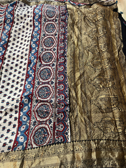 Contemporary Ajrakh Dola Silk Saree - Black Stripes (with tassels)