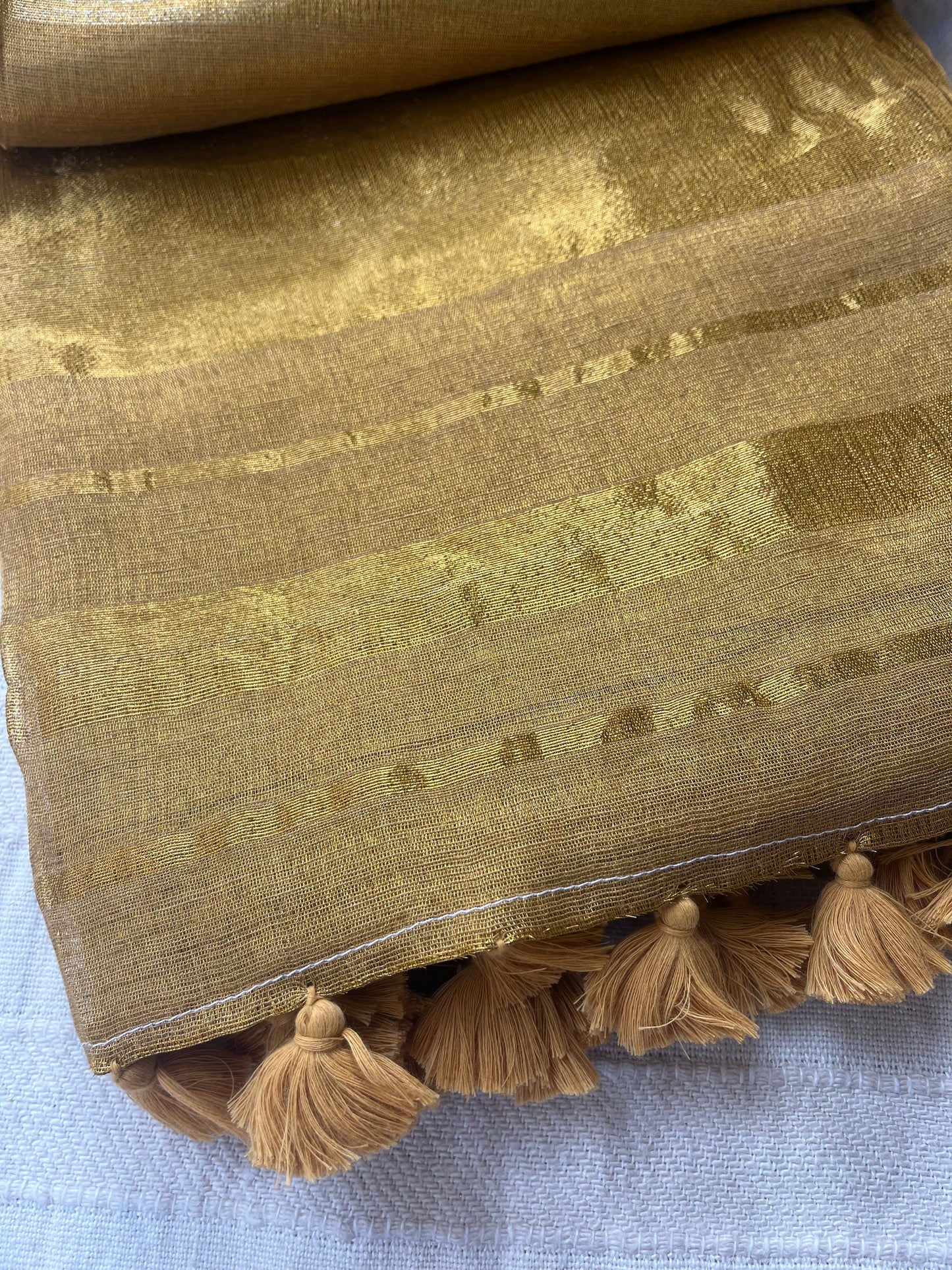 Tissue Linen Saree with Tassels - Gold