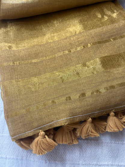 Tissue Linen Saree with Tassels - Gold