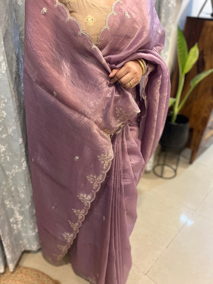 Pitta Work Crepe Tissue Saree - Lavender