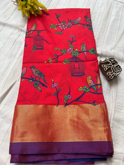 Kalamkari Printed Nelluri Silk Saree - Red