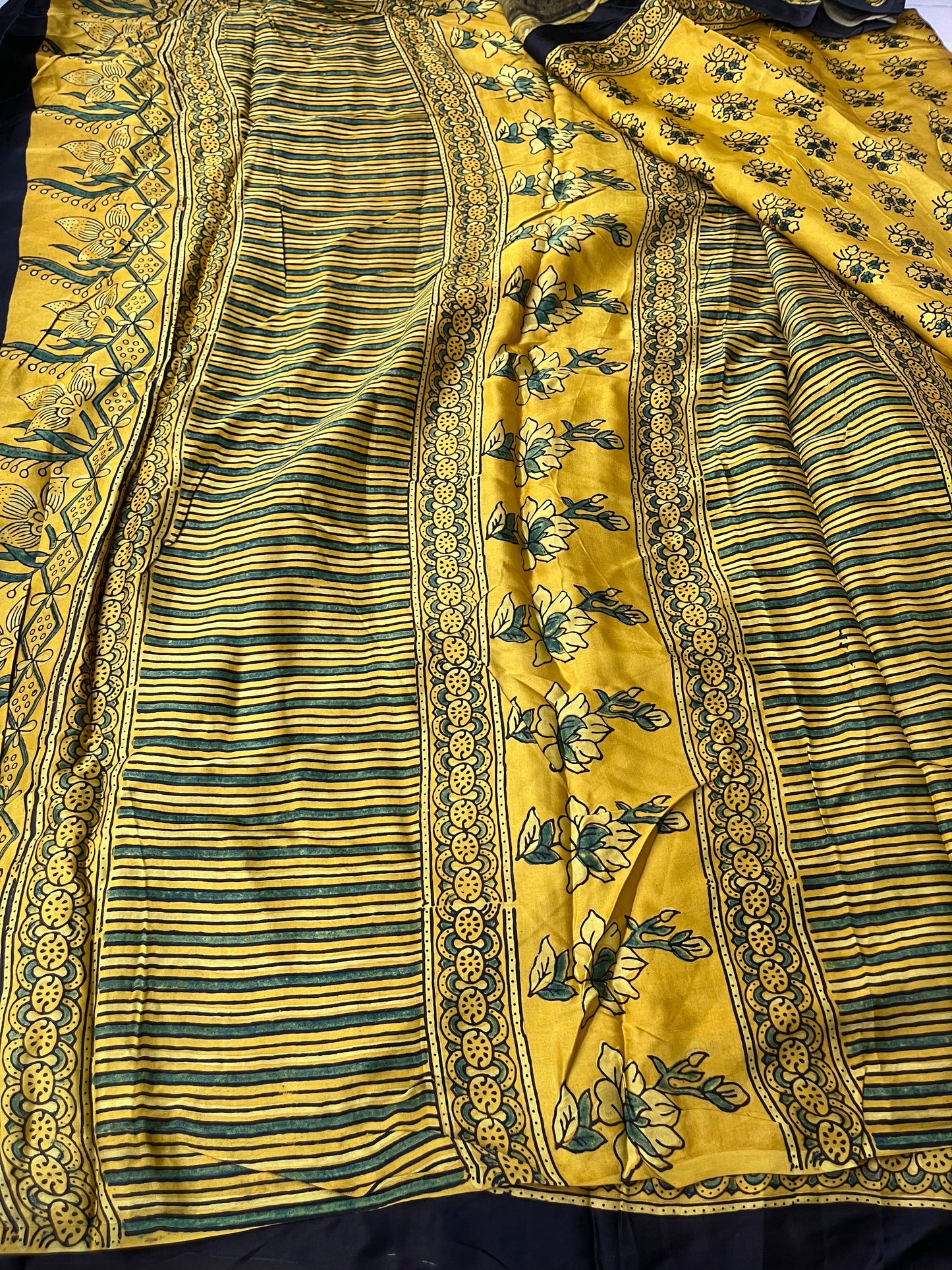 Ajrakh Modal Silk Saree - Yellow Buttis