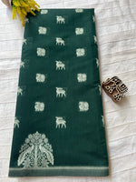 Mercerised Cotton Saree with Dear & Peacock Weaving - Dark Green