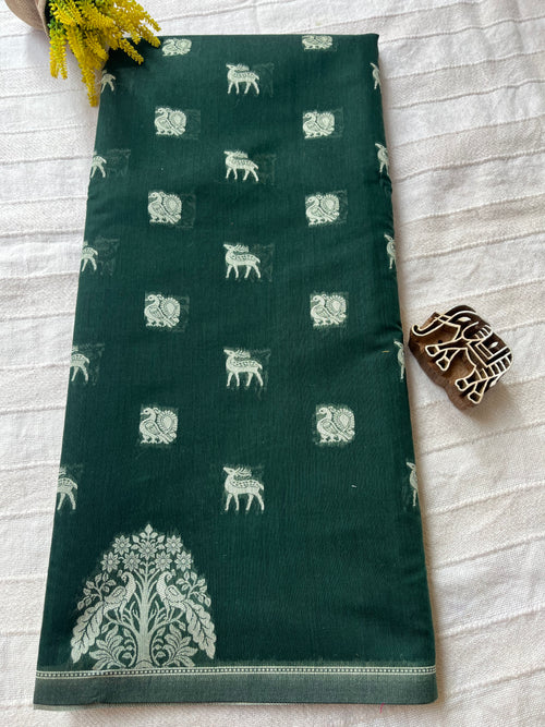 Mercerised Cotton Saree with Dear & Peacock Weaving - Dark Green