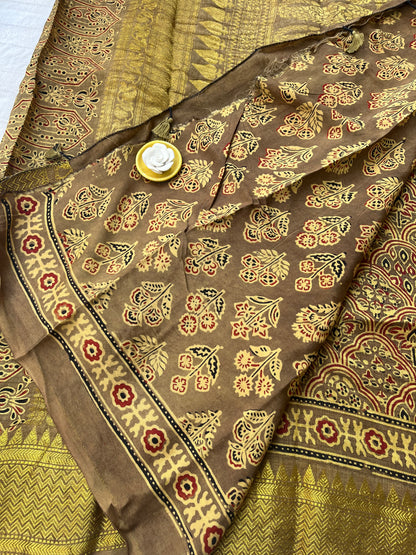 Ajrakh Dola Silk Saree - Mustard Gold (with tassels)