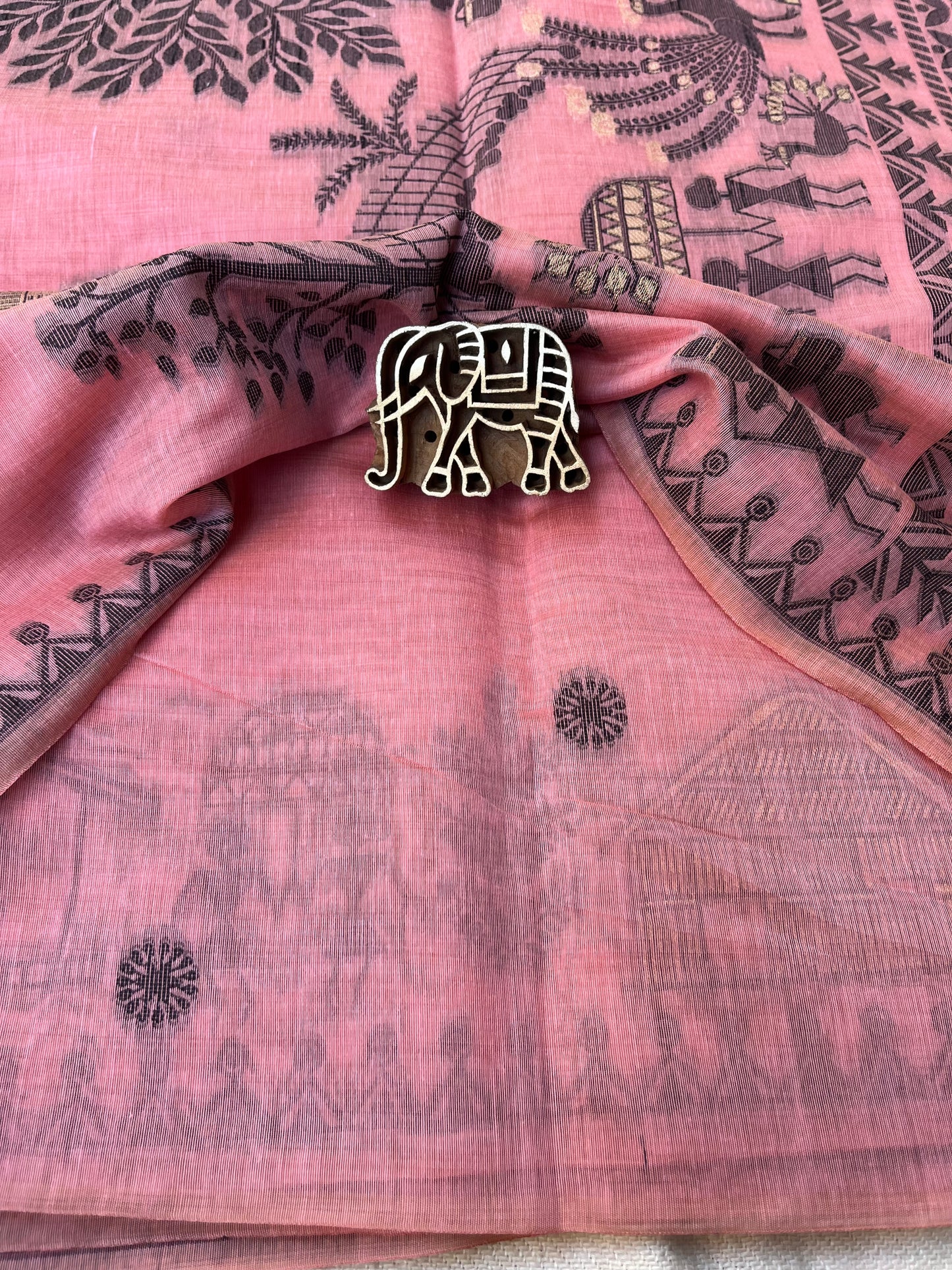 Chanderi Cotton Jamdani Saree - Pink Tribal Art