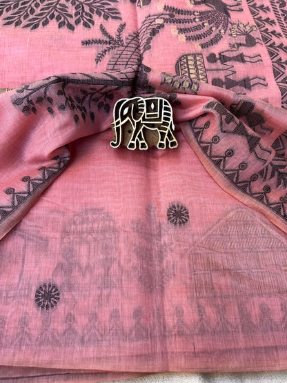 Chanderi Cotton Jamdani Saree - Pink Tribal Art