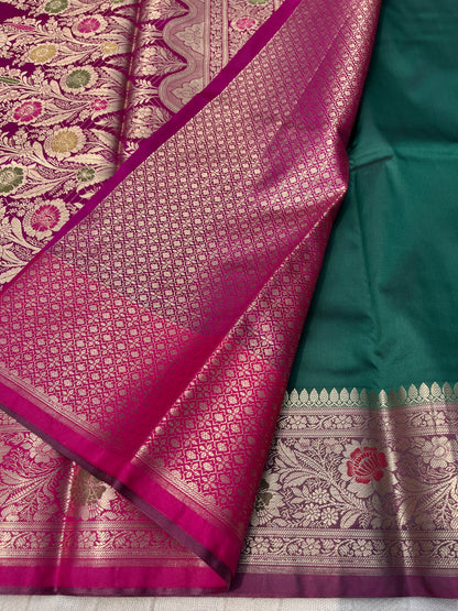 Banarasi Soft Silk Saree - Bottle Green-Pink