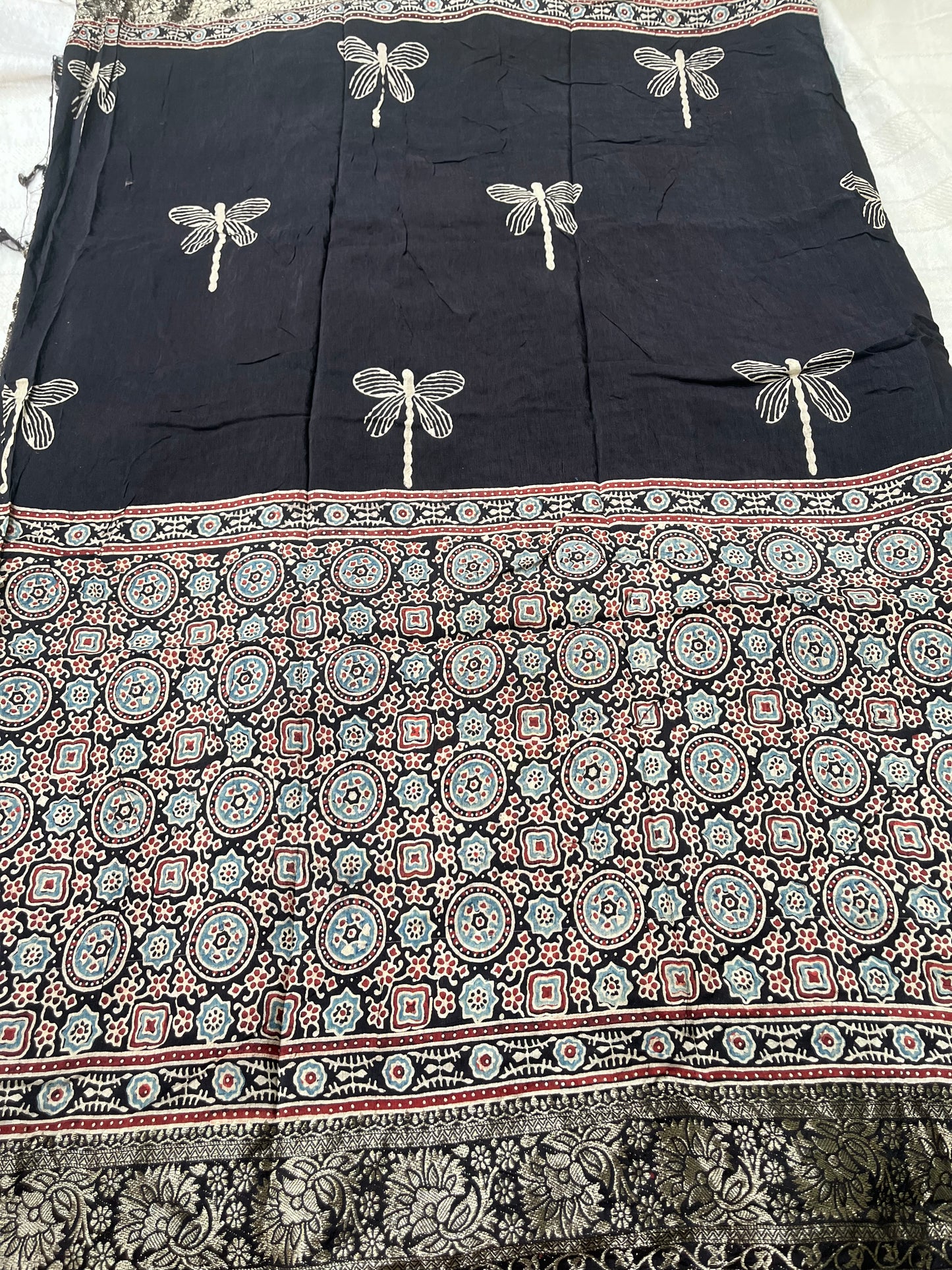 Ajrakh Dola Silk Saree - Black Butterfly Motifs