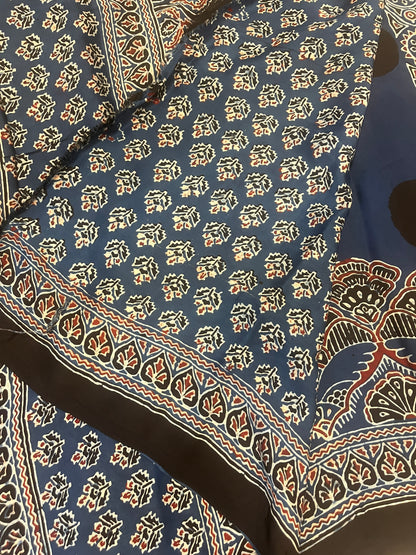 Contemporary Ajrakh Modal Silk Saree- Indigo with Polka Dots