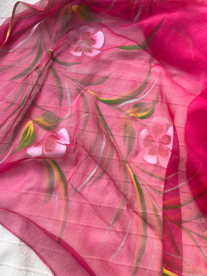 Hand-painted Chiffon Saree - Rani Pink
