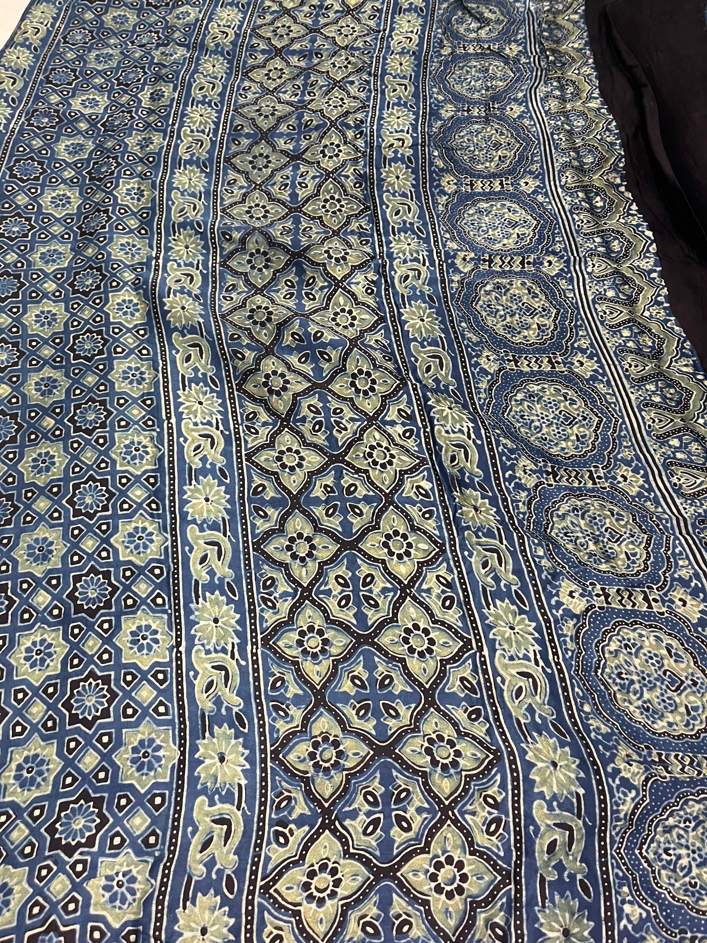 Ajrakh Modal Silk Saree - Indigo-Green