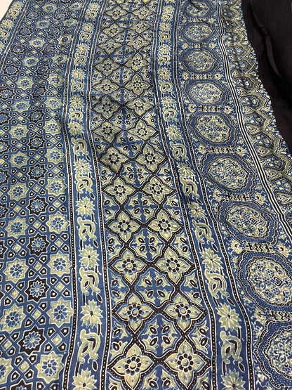 Ajrakh Modal Silk Saree - Indigo-Green