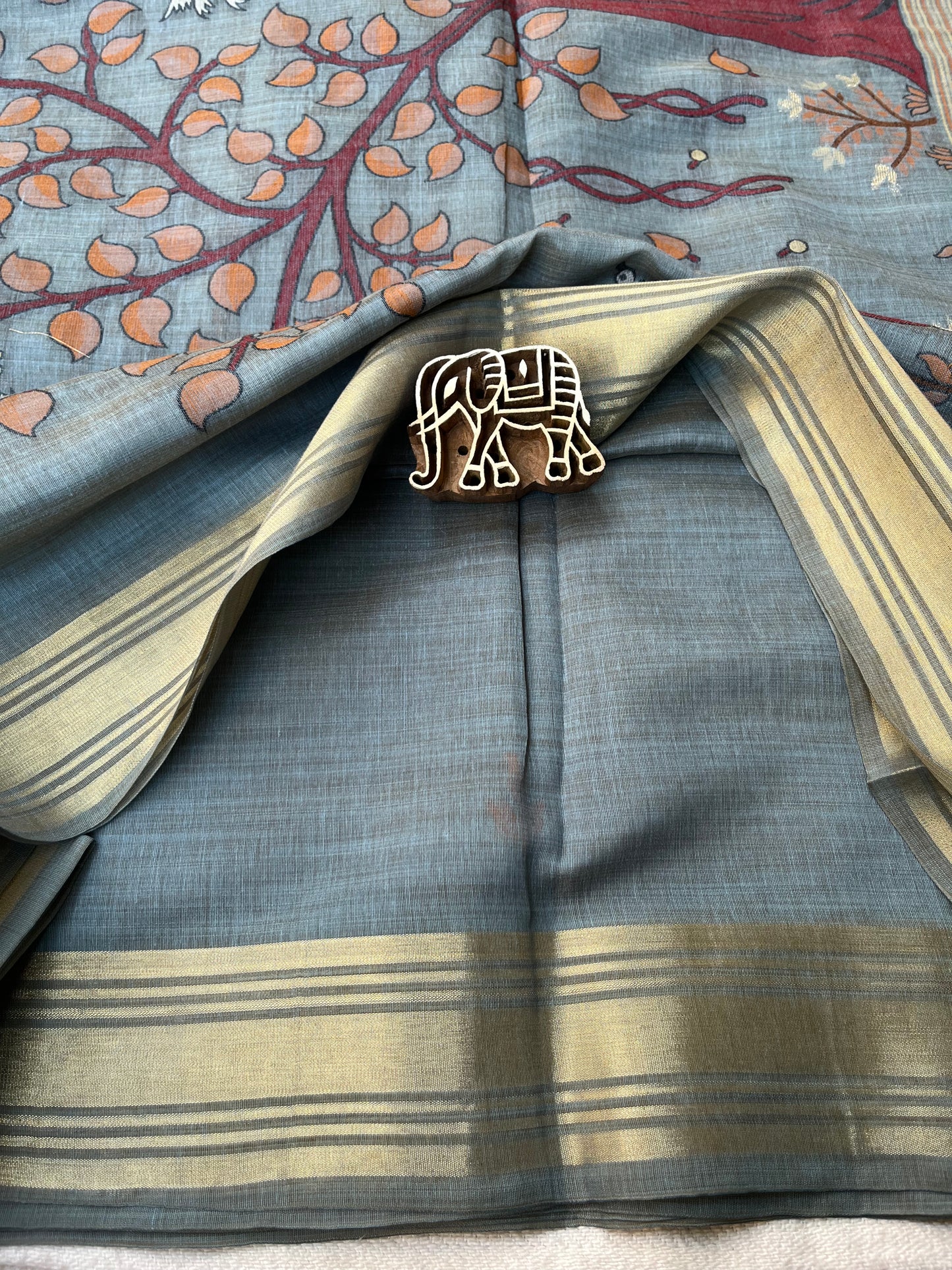 Chanderi Cotton Jamdani Saree - Grey Shikargah