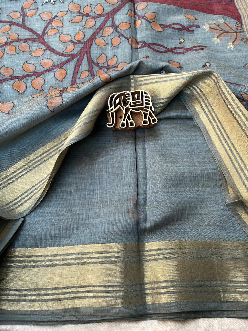 Chanderi Cotton Jamdani Saree - Grey Shikargah
