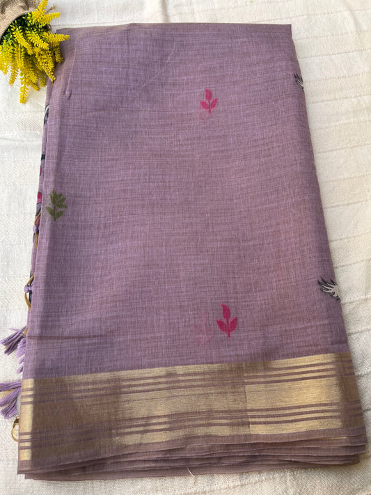 Chanderi Cotton Jamdani Saree - Lavender Shikargah