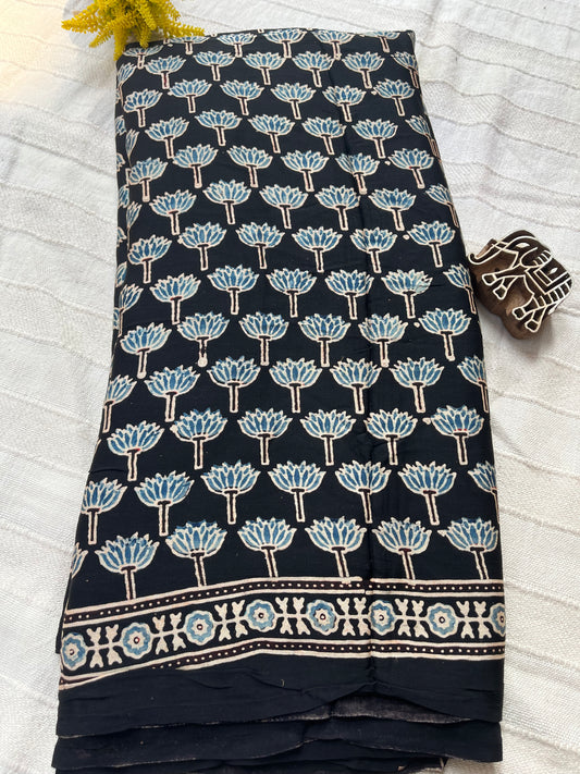 Ajrakh Modal Silk Saree - Black Lotus Motifs (with tasssels)