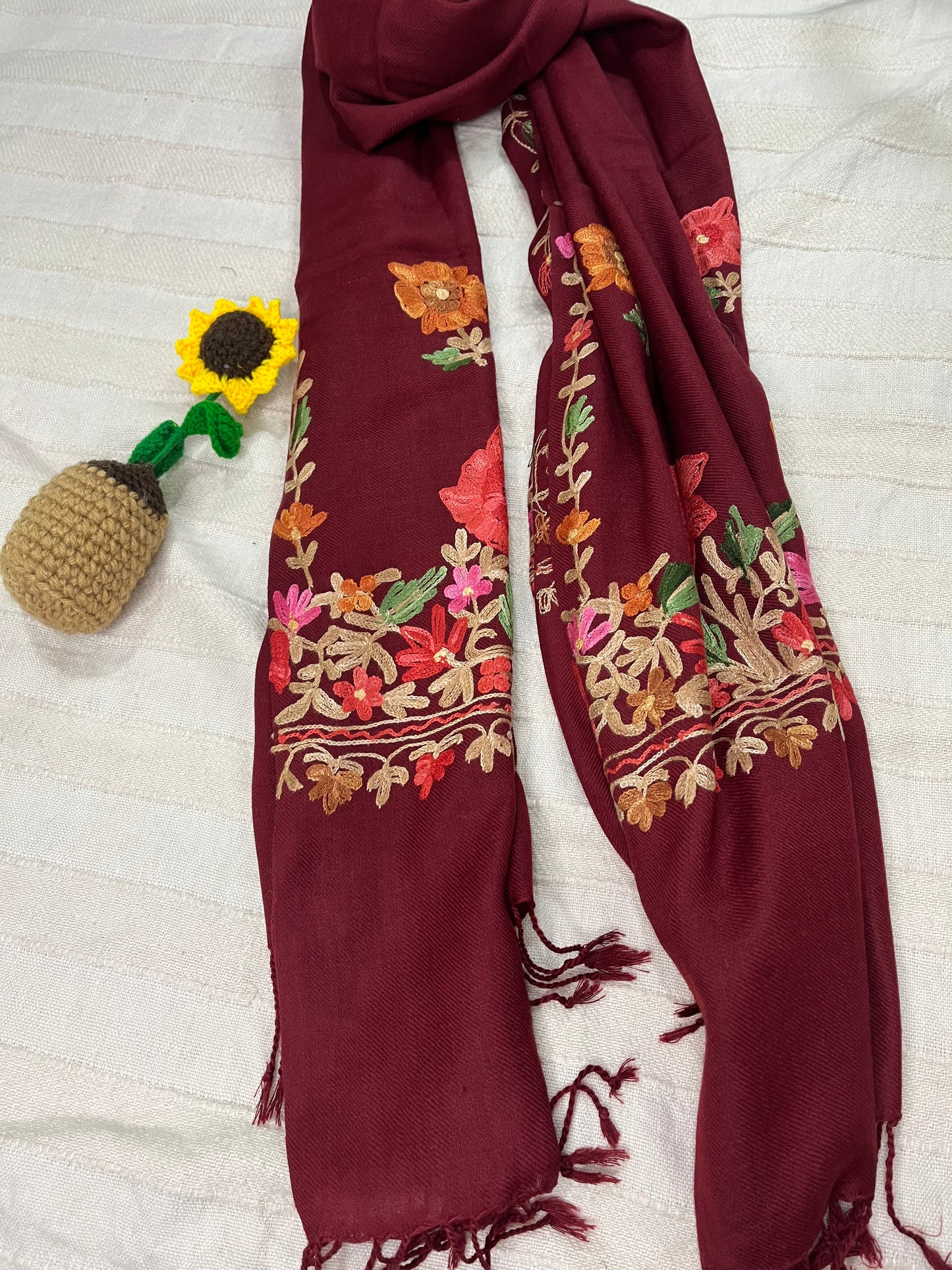 Kashmiri Aariwork Poly Wool Stole - Maroon