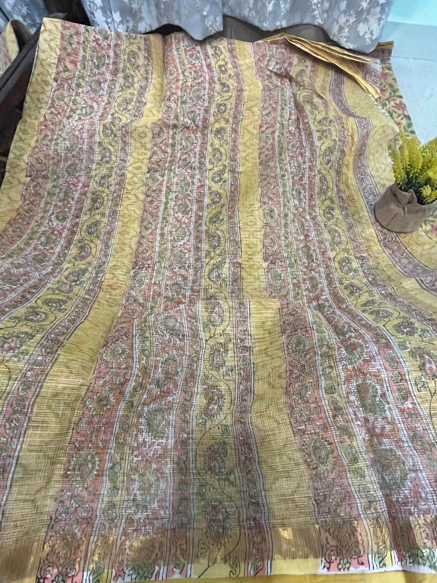 Sanganer Handblock Kota Doria Saree - Yellow