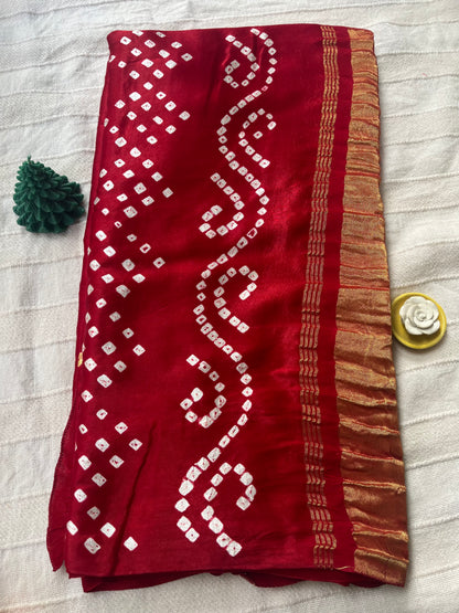 Bandhani Modal Silk saree with Tissue Palla - Red with White Yellow Dot Bandhej