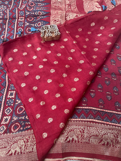 Ajrakh Dola Silk Saree - Deep Red Flower Buttis (with tassels)