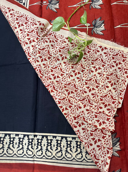 Contemporary Ajrakh Mul Cotton Saree - Black & Red