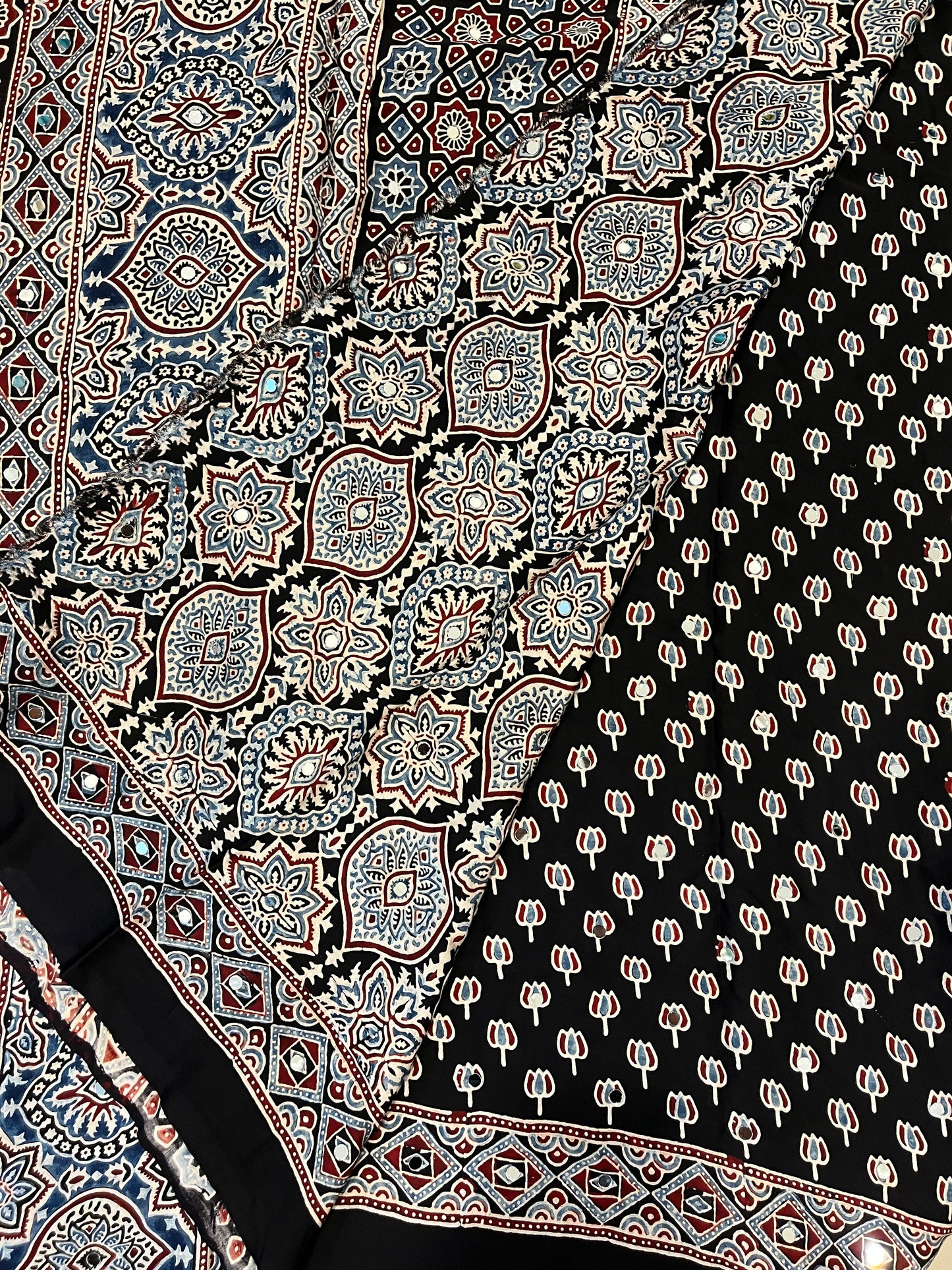 Ajrakh Modal Silk Saree with Mirror Work - Black Lotus Motifs
