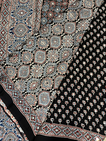Ajrakh Modal Silk Saree with Mirror Work - Black Lotus Motifs