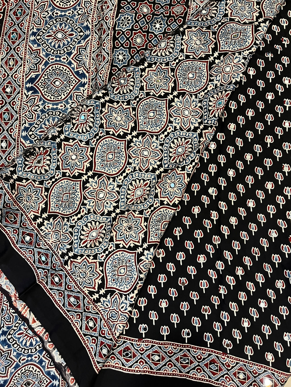Ajrakh Modal Silk Saree with Mirror Work - Black Lotus Motifs