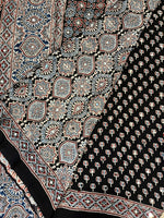 Ajrakh Modal Silk Saree with Mirror Work - Black Lotus Motifs