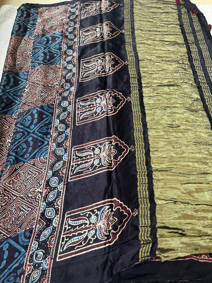 Ajrakh Modal Silk Saree with Tissue Palla - Black