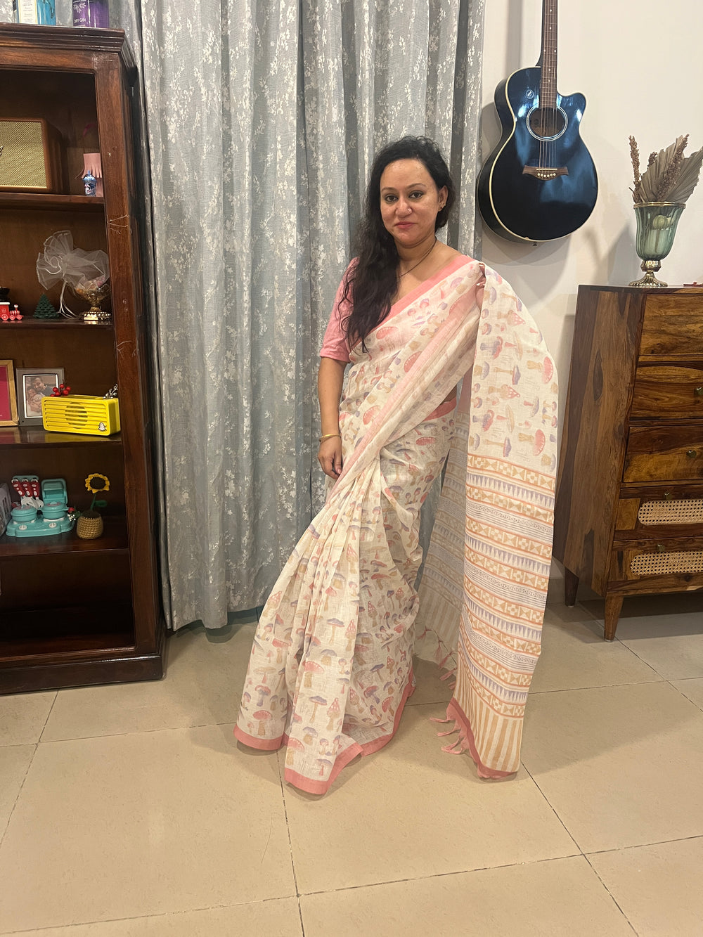 Quirky Linen Cotton Saree - Pink Mushrooms