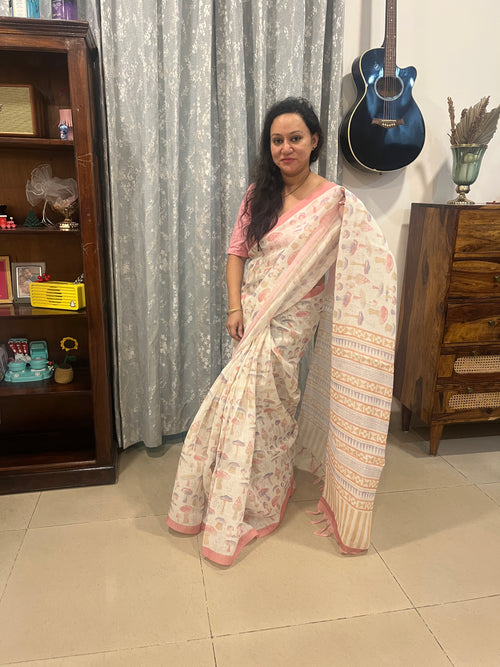 Quirky Linen Cotton Saree - Pink Mushrooms