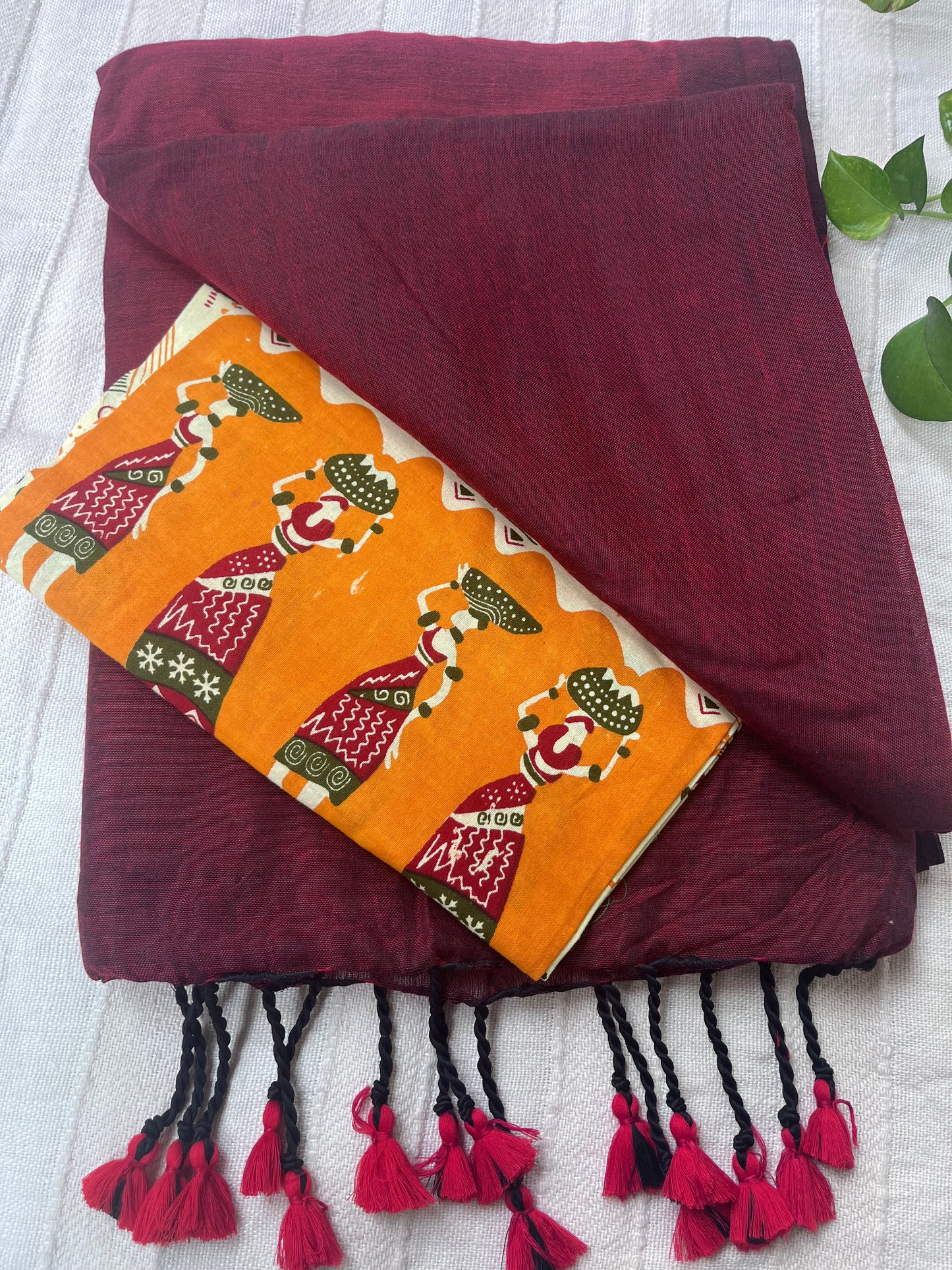 Wine Handloom Khadi Cotton Saree with Kalamkari Blouse Piece