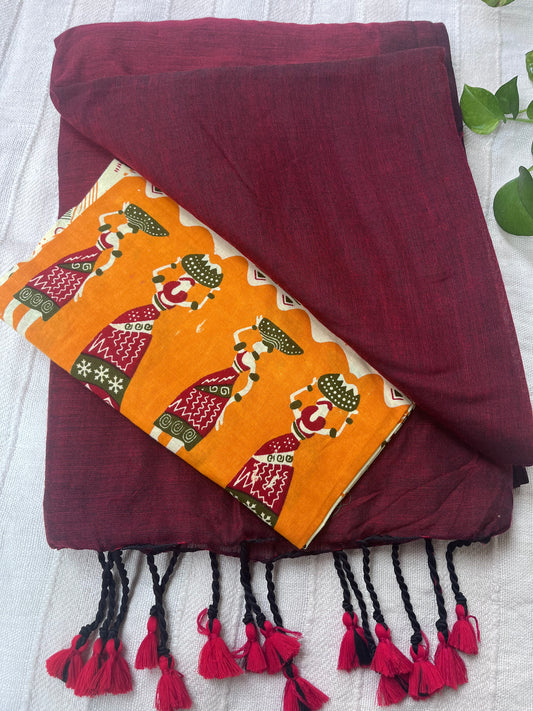 Wine Handloom Khadi Cotton Saree with Kalamkari Blouse Piece