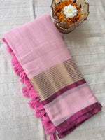 Zari Mul Cotton Saree - Baby Pink with Magenta Border (No Blouse piece)