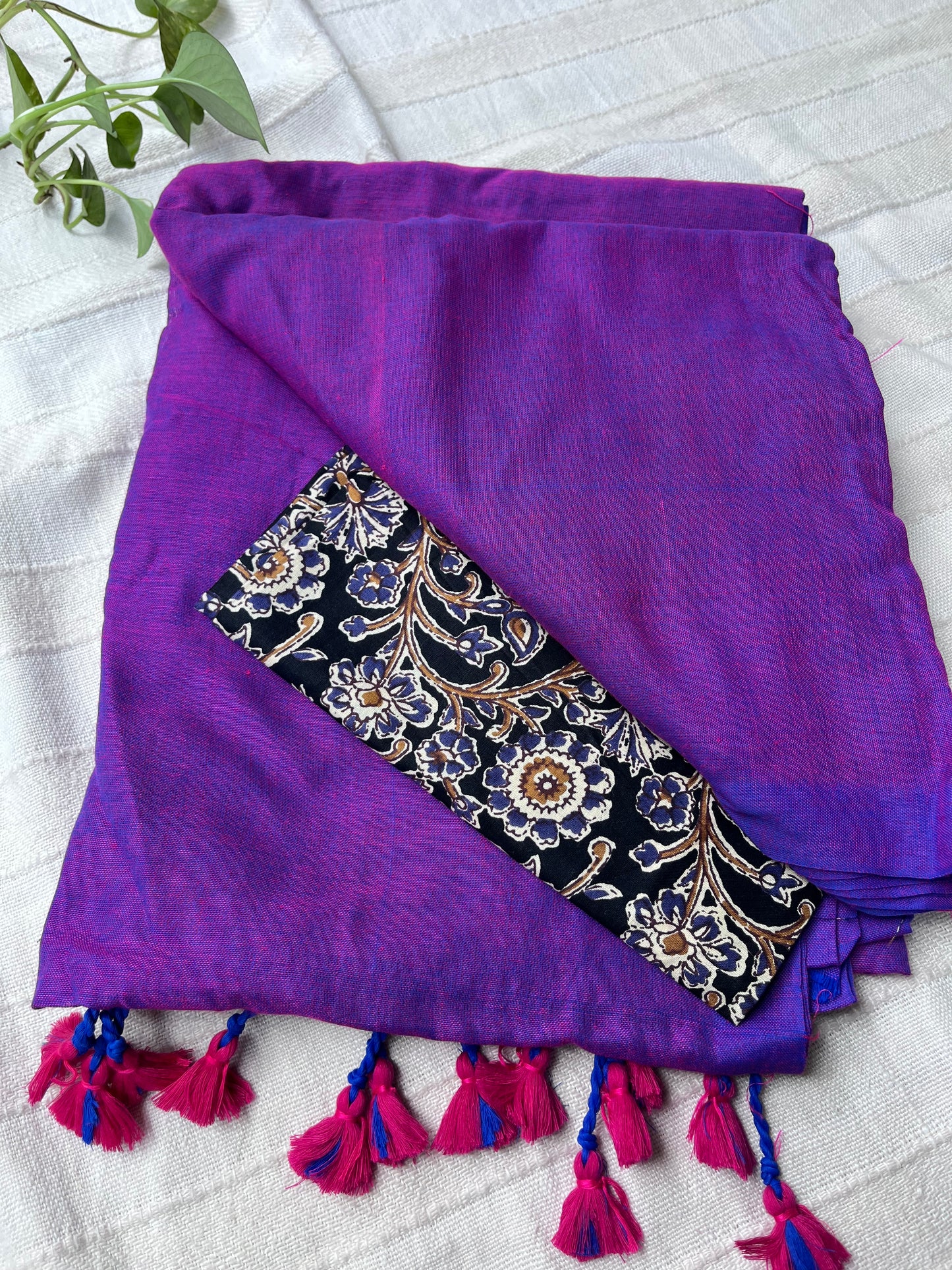 Violet Handloom Khadi Cotton Saree with Kalamkari Blouse Piece