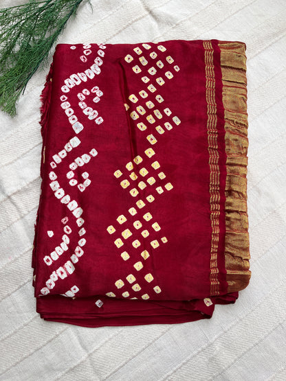Bandhani Modal Silk saree with Tissue Palla - Deep Red with White Yellow Dot Bandhej