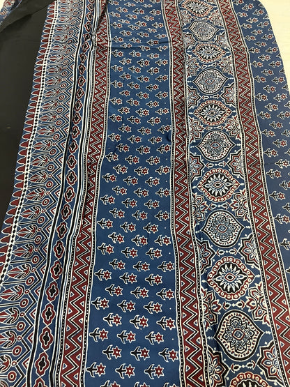 Ajrakh Modal Silk Saree - Indigo Flower Buttis
