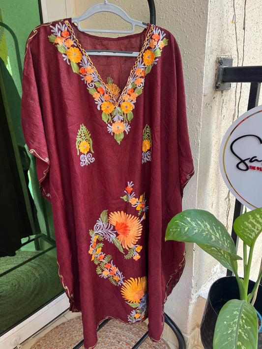 Crush Cotton Aariwork Kaftan - Maroon