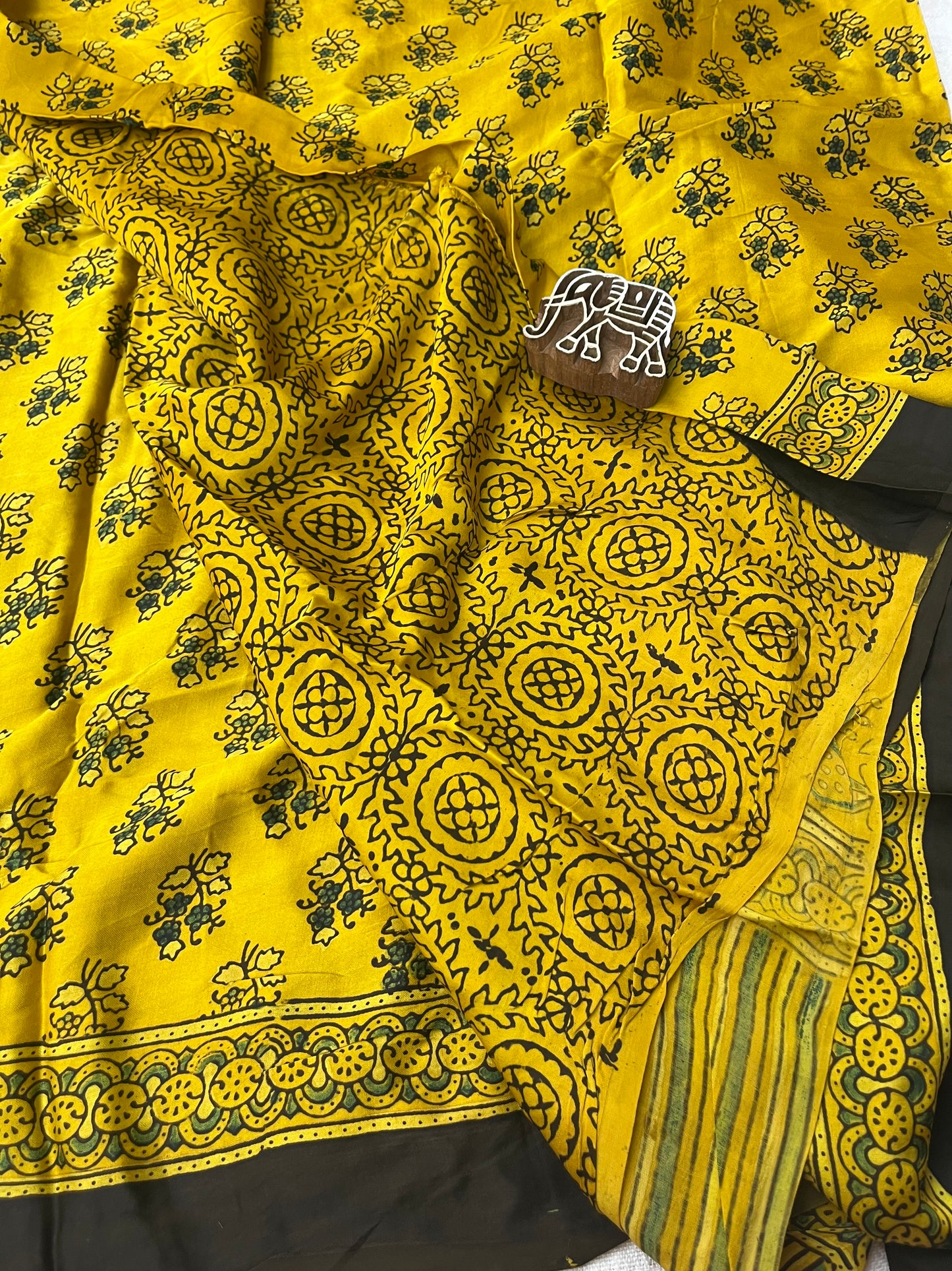 Ajrakh Modal Silk Saree - Yellow Buttis