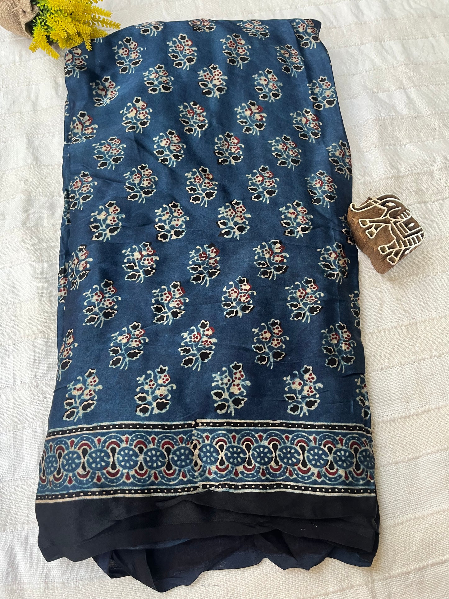 Ajrakh Modal Silk Saree - Indigo Buttis