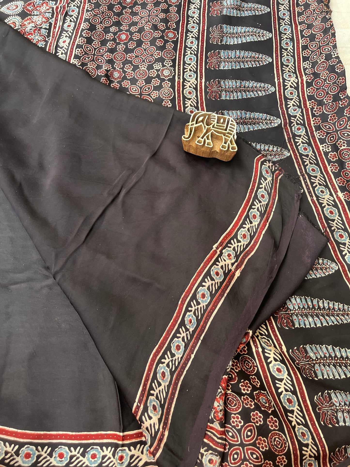 Ajrakh Modal Silk Saree - Black Half Plain Half Badam Block