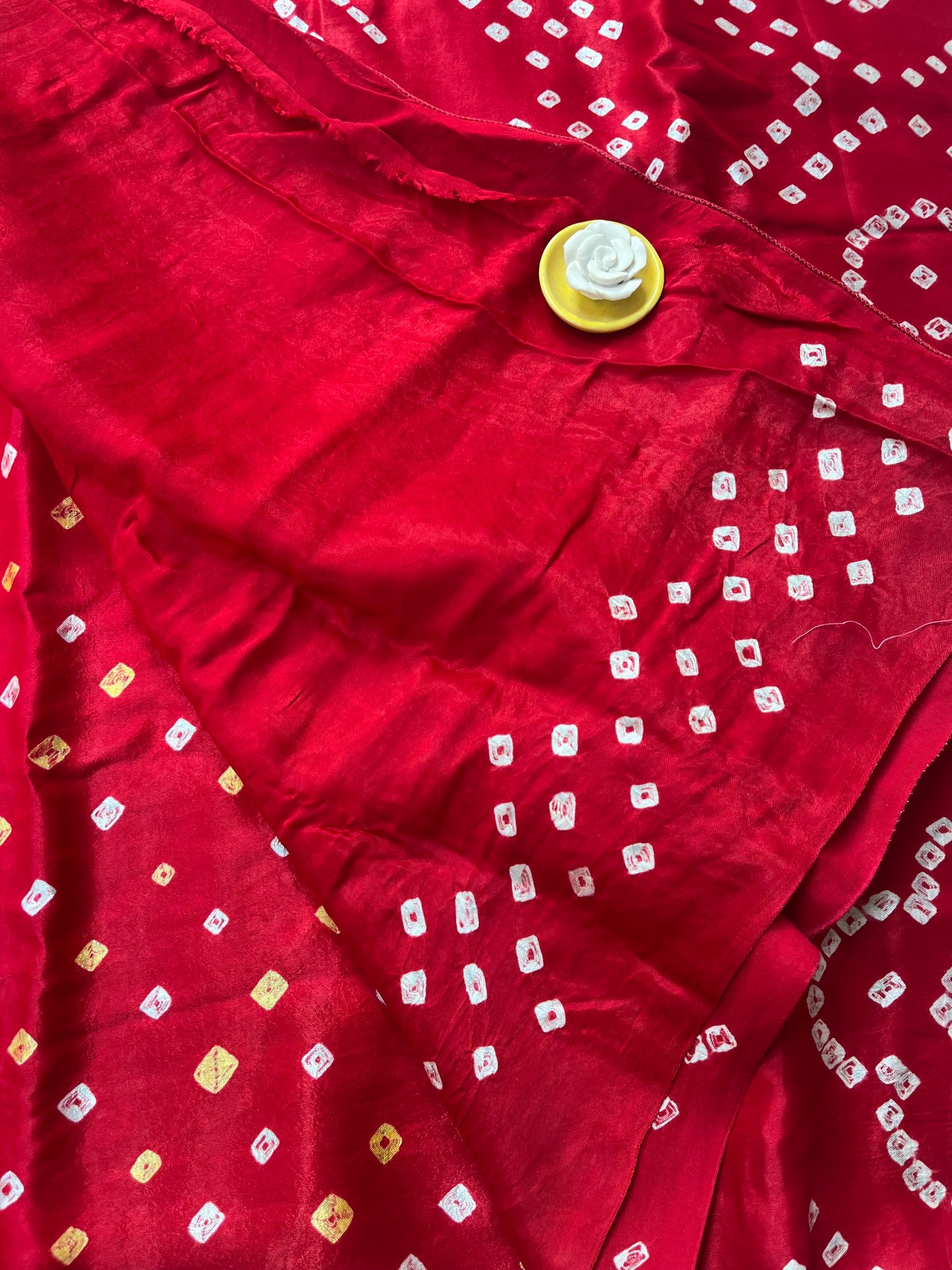 Bandhani Modal Silk saree with Tissue Palla - Red with White Yellow Dot Bandhej